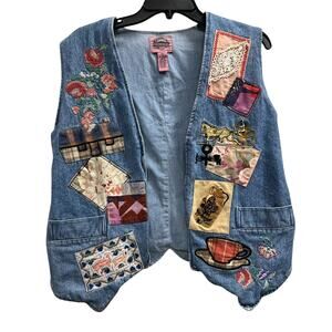 CAMBRIDGE COUNTRY STORE VTG denim chambray patchwork cross stitch vest sz M